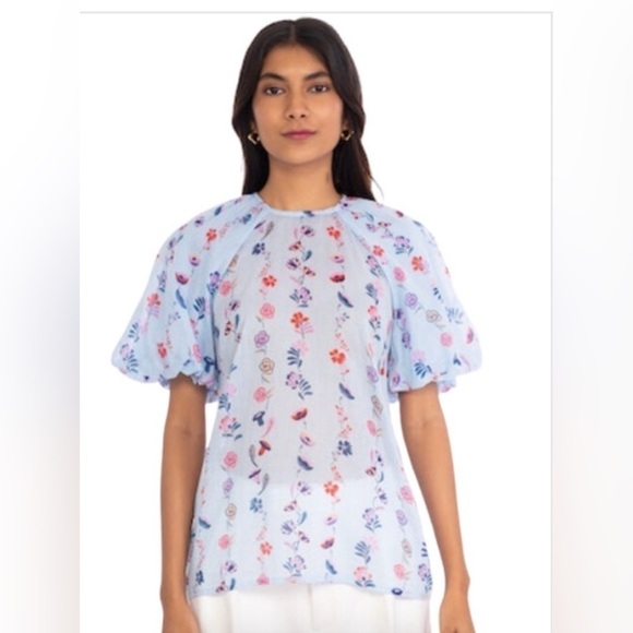 BANJANAN Santos Top in Misty Floral Blue Puff Sleeve Flowers Medium - Picture 3 of 7